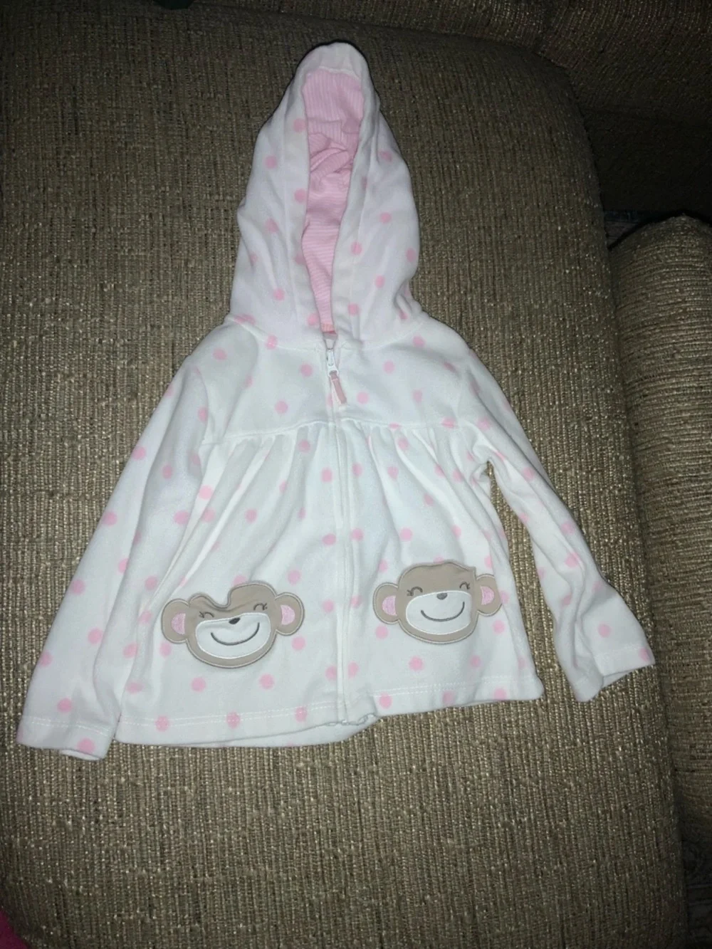 Carter's Hoodie Monkey Fleece 24 Months Polka Dot Pink White Girls EUC Zipper